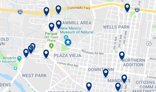 Accommodation in Plaza Vieja and New México Museum – Click on the map to see all available accommodation in this area