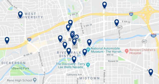Accommodation in Downtown Reno – Click on the map to see all available accommodation in this area