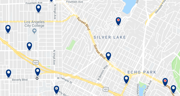 Accommodation in Silver Lake & Echo Park – Click on the map to see all available accommodation in this area