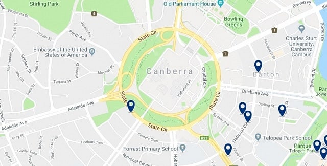 Accommodation near the Australian Parliament House - Click on the map to see all accommodation in this area
