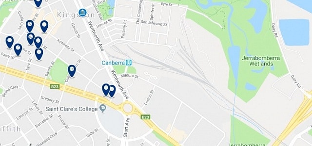 Accommodation around Canberra Railway Station - Click on the map to see all accommodation in this area
