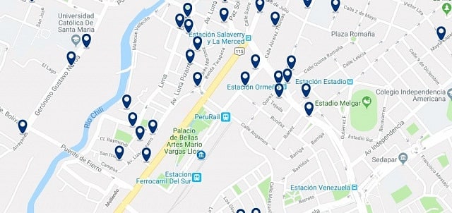 Accommodation near Arequipa's train station - Click on the map to see all accommodation in this area