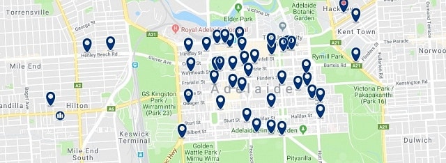 Accommodation in Adelaide City Centre - Click on the map to see all available accommodation in this area