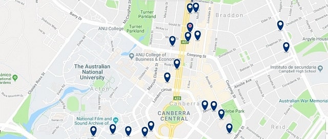 Accommodation in Canberra City Centre - Click on the map to see all accommodation in this area