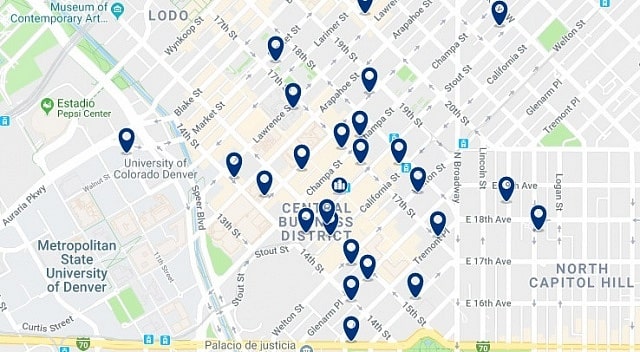 Accommodation in Denver CBD - Click on the map to see all available accommodation in this area
