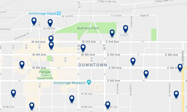 Accommodation in Downtown Anchorage – Click on the map to see all available accommodation in this area