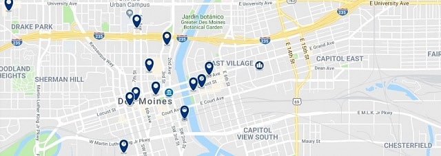 Accommodation in Downtown Des Moines - Click on the map to see all available accommodation in this area