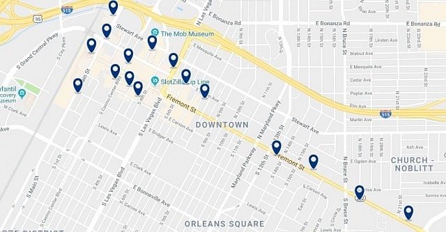 Accommodation in Downtown Las Vegas - Click on the map to see all available accommodation in this area
