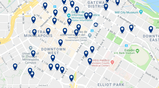 Alojamiento en Downtown Minneapolis- Clica sobre el mapa para ver todo el alojamiento en esta zona