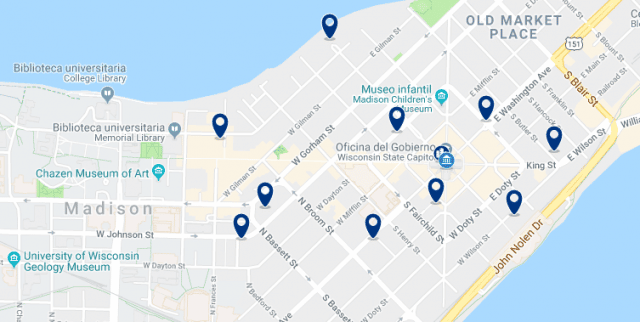 Accommodation in Downtown Madison – Click on the map to see all available accommodation in this area