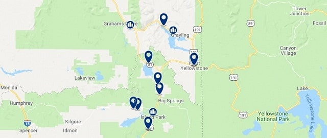 Accommodation in Yellowstone West - Click on the map to see all available accommodation in this area