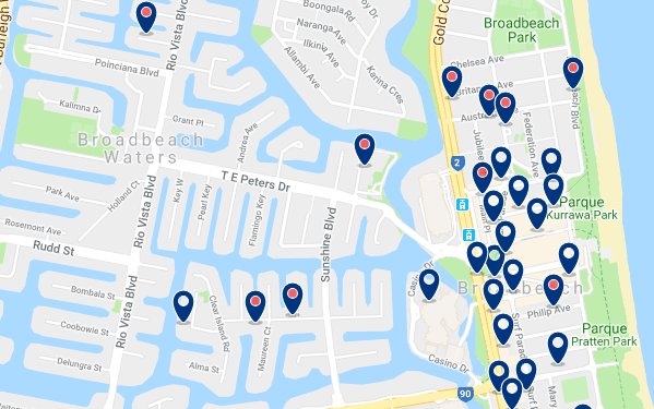 Accommodation in Broadbeach – Click on the map to see all accommodation in this area
