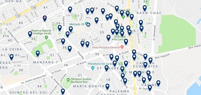 Accommodation in Cancun CIty Center - Click on the map to see all available accommodation in this area