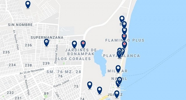 Accommodation in Puerto Juarez - Click on the map to see all available accommodation in this area
