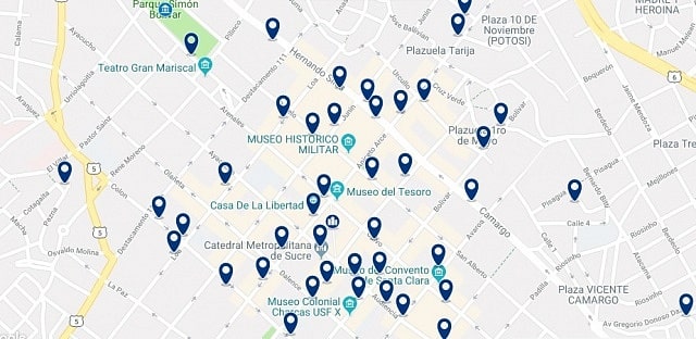 Accommodation in Sucre's Historic Center - Click on the map to see all available accommodation in this area