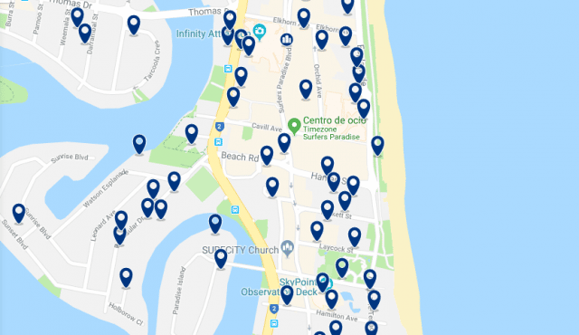Accommodation in Surfers' Paradise – Click on the map to see all accommodation in this area