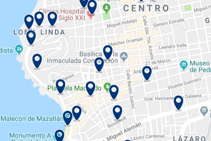 Accommodation in Mazatlan's Promenade – Click on the map to see all available accommodation in this area