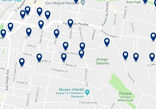 Accommodation in Downtown Santa Fe - Click on the map to see all available accommodation in the area