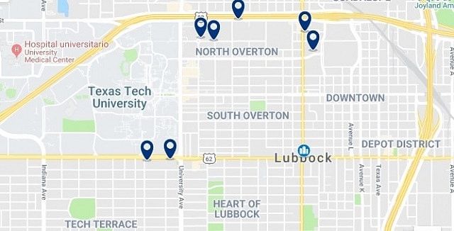 Accommodation in Downtown Lubbock - Click on the map to see all available accommodation in this area