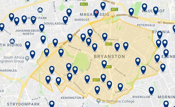 Alojamiento en Bryanston - Clica sobre el mapa para ver todo el alojamiento en esta zona