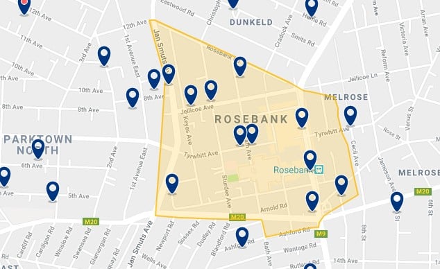 Alojamiento en Rosebank - Clica sobre el mapa para ver todo el alojamiento en esta zona