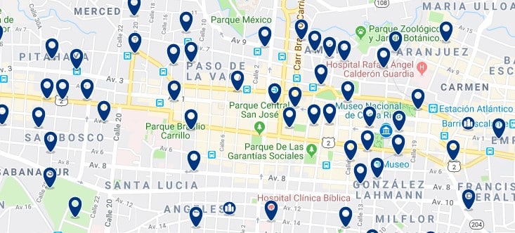 Accommodation in San José - Centro - Click on the map to see all accommodation in this area