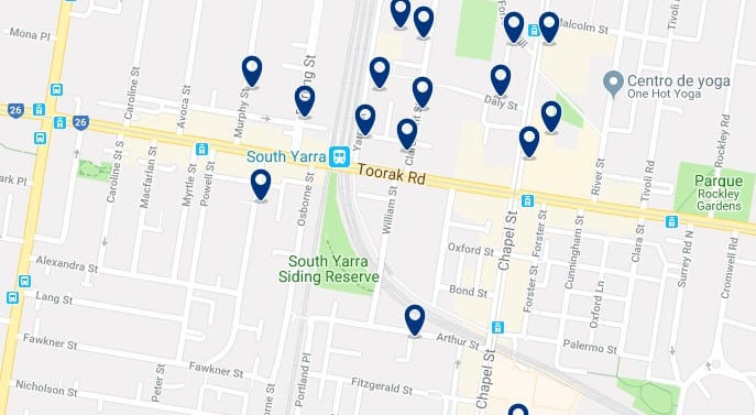 Alojamiento en South Yarra - Clica sobre el mapa para ver todo el alojamiento en esta zona