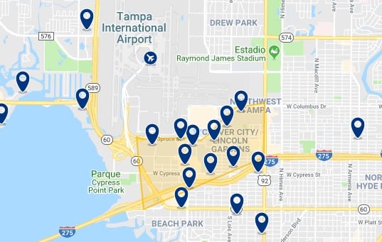 Accommodation in Westshore and near Tampa International Airport - Click on the map to see all available accommodation in this area