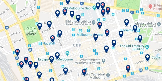 Alojamiento en el CBD de Melbourne - Clica sobre el mapa para ver todo el alojamiento en esta zona