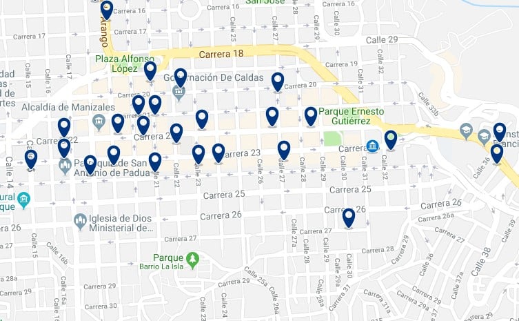 Accommodation in Manizales' City Center - Click on the map to see all available accommodation in this area