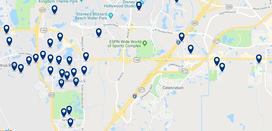Accommodation in Celebration - Near Disney World - Click on the map to see all available accommodation in this area