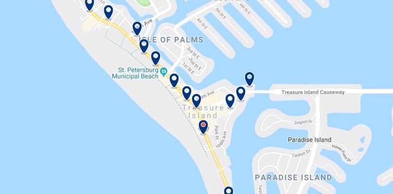 Accommodation in Treasure Island - Click on the map to see all available accommodation in this area