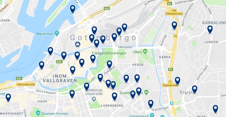 Accommodation in Gothenburg City Centre - Click on the map to see all available accommodation in this area