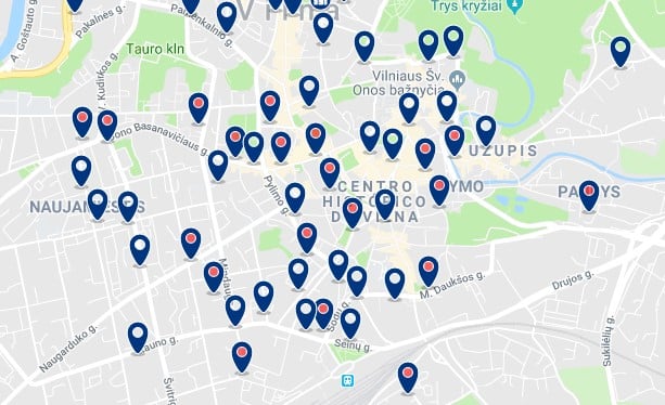 Accommodation in Vilnius' Old Town - Click on the map to see all available accommodation in this area