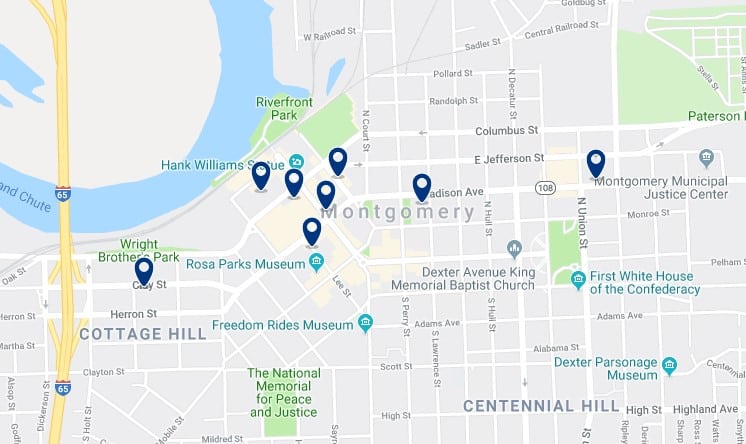 Accommodation in Downtown Montgomery - Click on the map to see all available accommodation in this area