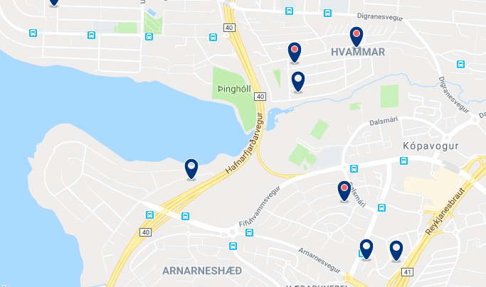Accommodation in Kópavogur – Click on the map to see all available accommodation in this area