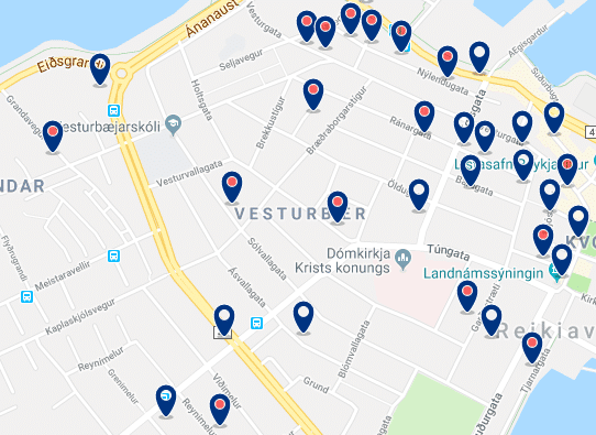 Accommodation in Vesturbaer – Click on the map to see all available accommodation in this area