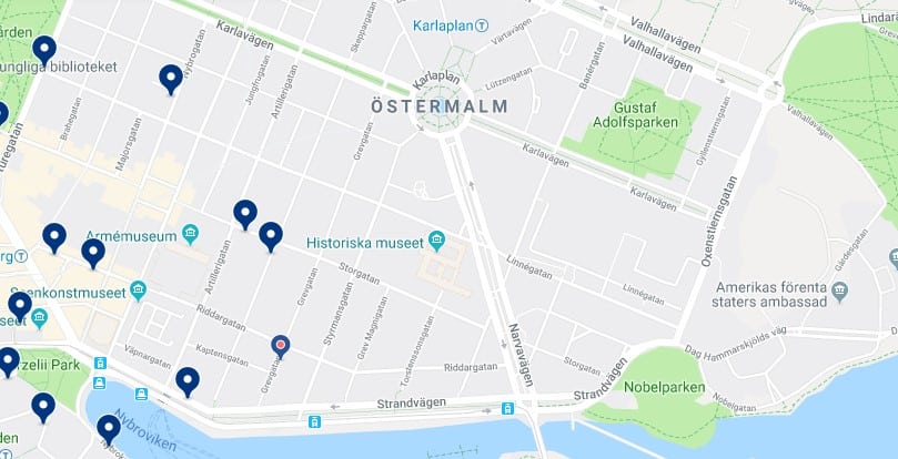Accommodation in Östermalm - Click on the map to see all available accommodation in this area