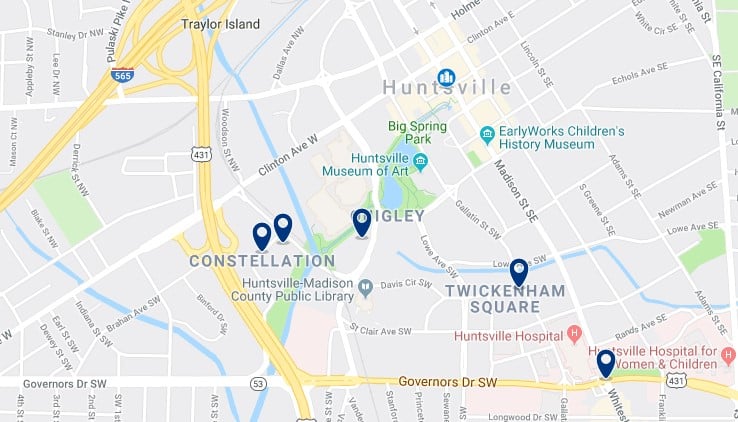 Accommodation in Downtown Huntsville - Click on the map to see all available accommodation in this area