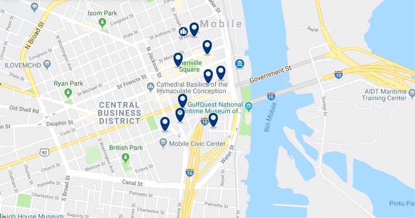 Accommodation in Mobile Central Business District - Click on the map to see all available accommodation in this area