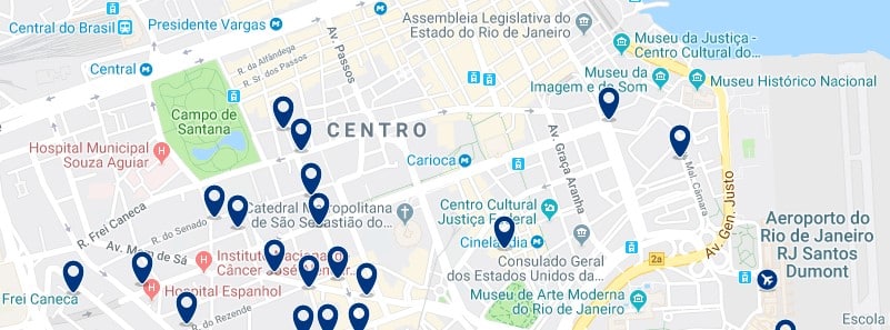 Alojamiento en el centro de Río de Janeiro - Clica sobre el mapa para ver todo el alojamiento en esta zona