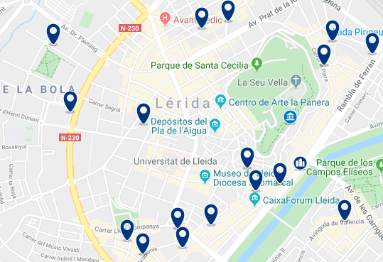 Accommodation in Lleida's Old Town - Click on the map to see all the available accommodation in this area