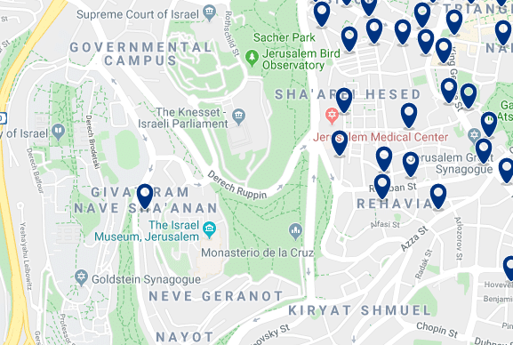 Accommodation in West Jerusalem – Click on the map to see all accommodation in this area