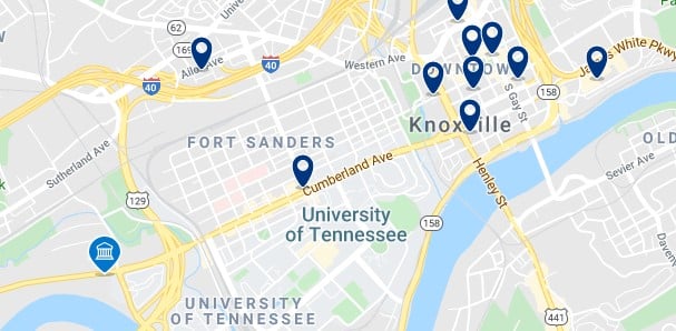 Alojamiento cerca de la Universidad de Tennessee - Clica sobre el mapa para ver todo el alojamiento en esta zona