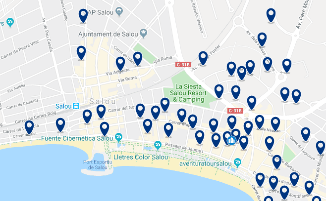 Accommodation in el Centro de Salou - Click on the map to see all the accommodation in this area