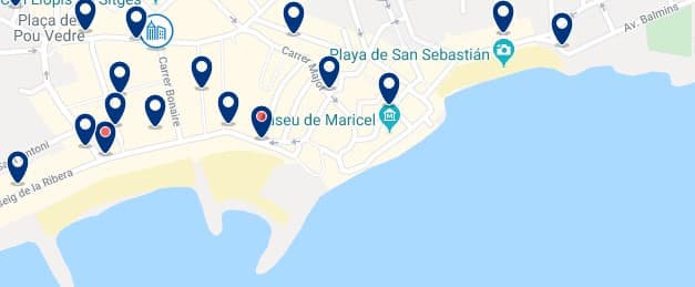 Accommodation near the beaches of Sitges - Click on the map to see all the accommodation in this area