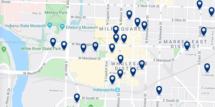 Accommodation in Downtown Indianapolis - Click on the map to see all available accommodation in this area