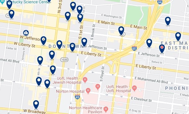 Accommodation in Downtown Louisville - Click on the map to see all accommodation in this area