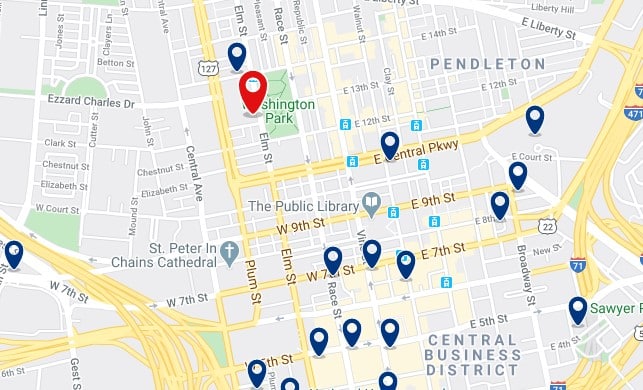 Alojamiento cerca del Cincinnati Music Hall - Clica sobre el mapa para ver todo el alojamiento en esta zona