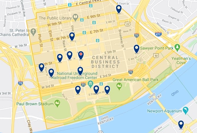 Accommodation in Downtown Cincinnati - Click on the map to see all accommodation in this area